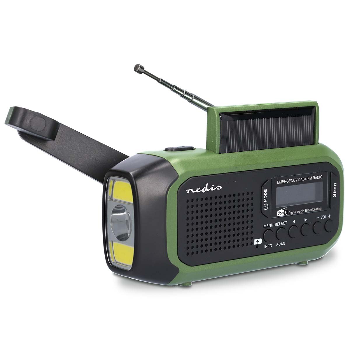 Nedis Noodradio | Draagbaar Model | DAB+ FM | Batterij Gevoed Handslinger Solar Powered USB Gevoed | Wekker | Groen Zwart RDDBCR2000GN