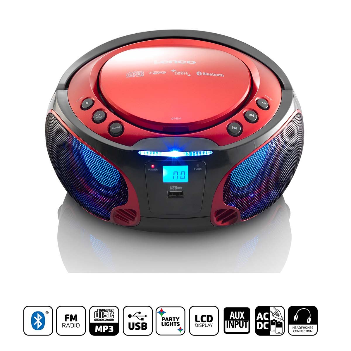 Lenco SCD-550RD Draagbare FM-radio CD/MP3/USB/Bluetooth-speler® met LED-verlichting Rood - SCD-550RD