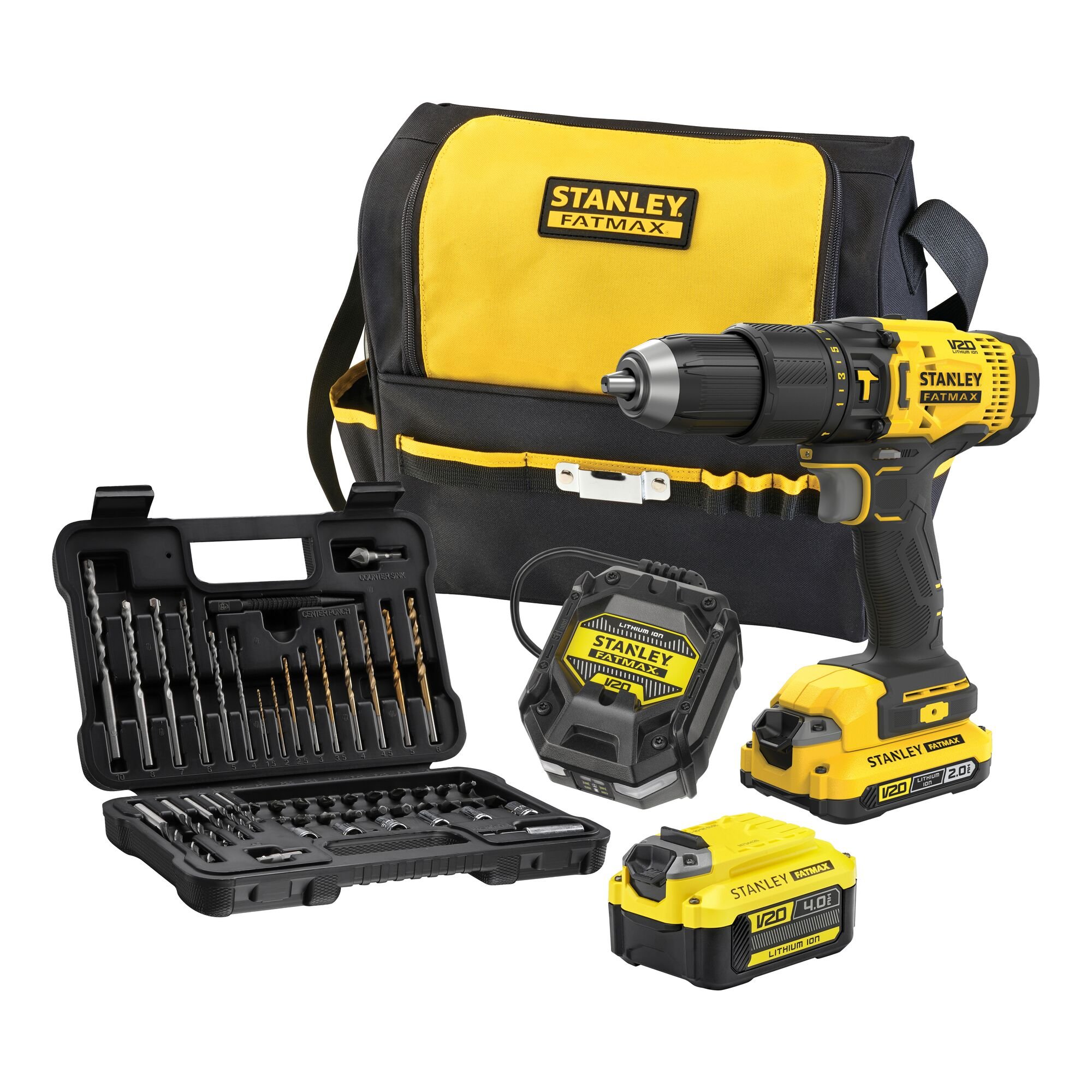 Stanley Powertools Stanley FATMAX SFMCD711DMA V20 KIT: 18V 1x2.0Ah 1x4.0Ah Schroefklopboormachine met 2 accu&apos;s en 50-delige accessoireset in softbag SFMCD711DMA-QW