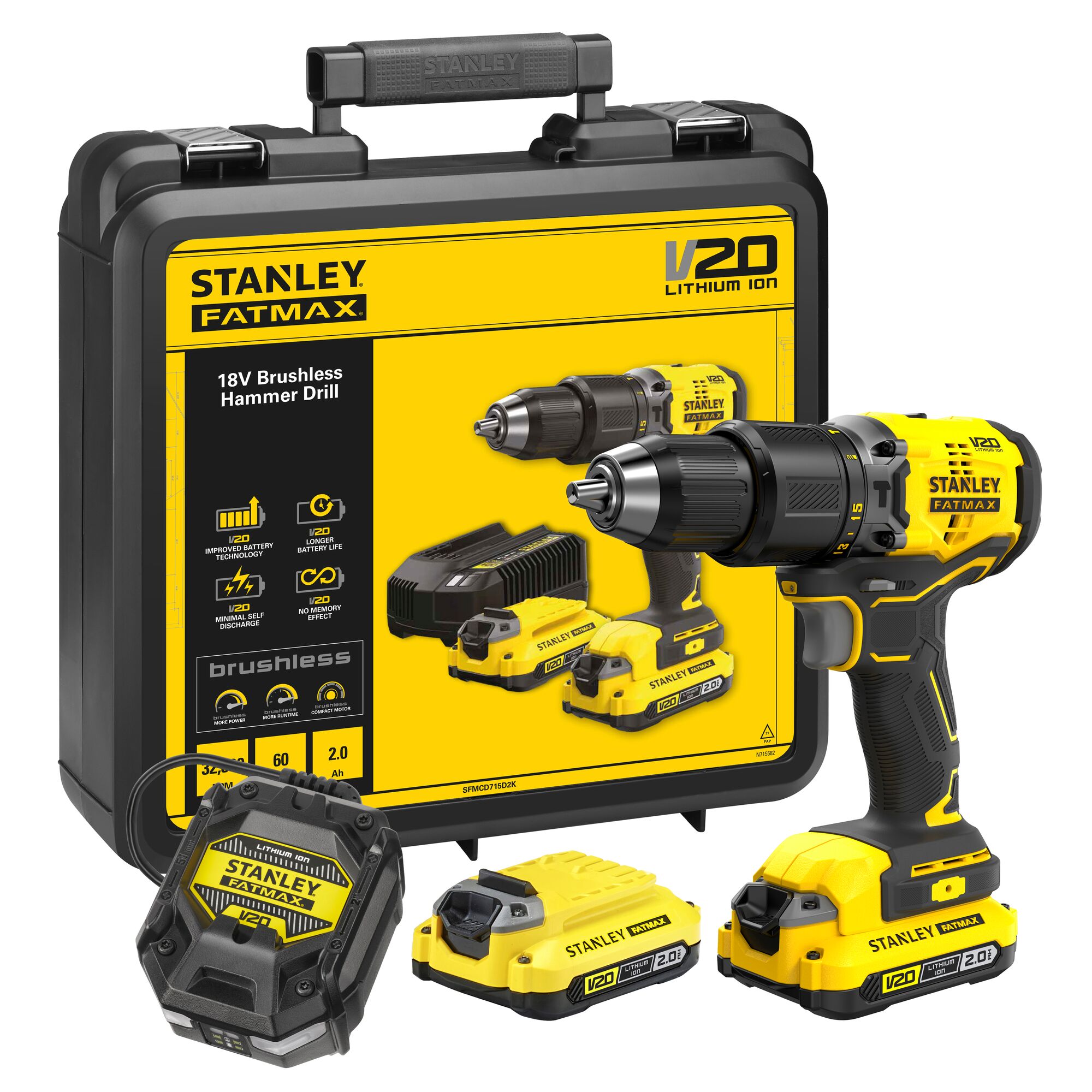 Stanley Powertools Stanley FATMAX SFMCD715D2K V20 18V BL Schroefklopboor | 2x 2.0Ah SFMCD715D2K-QW