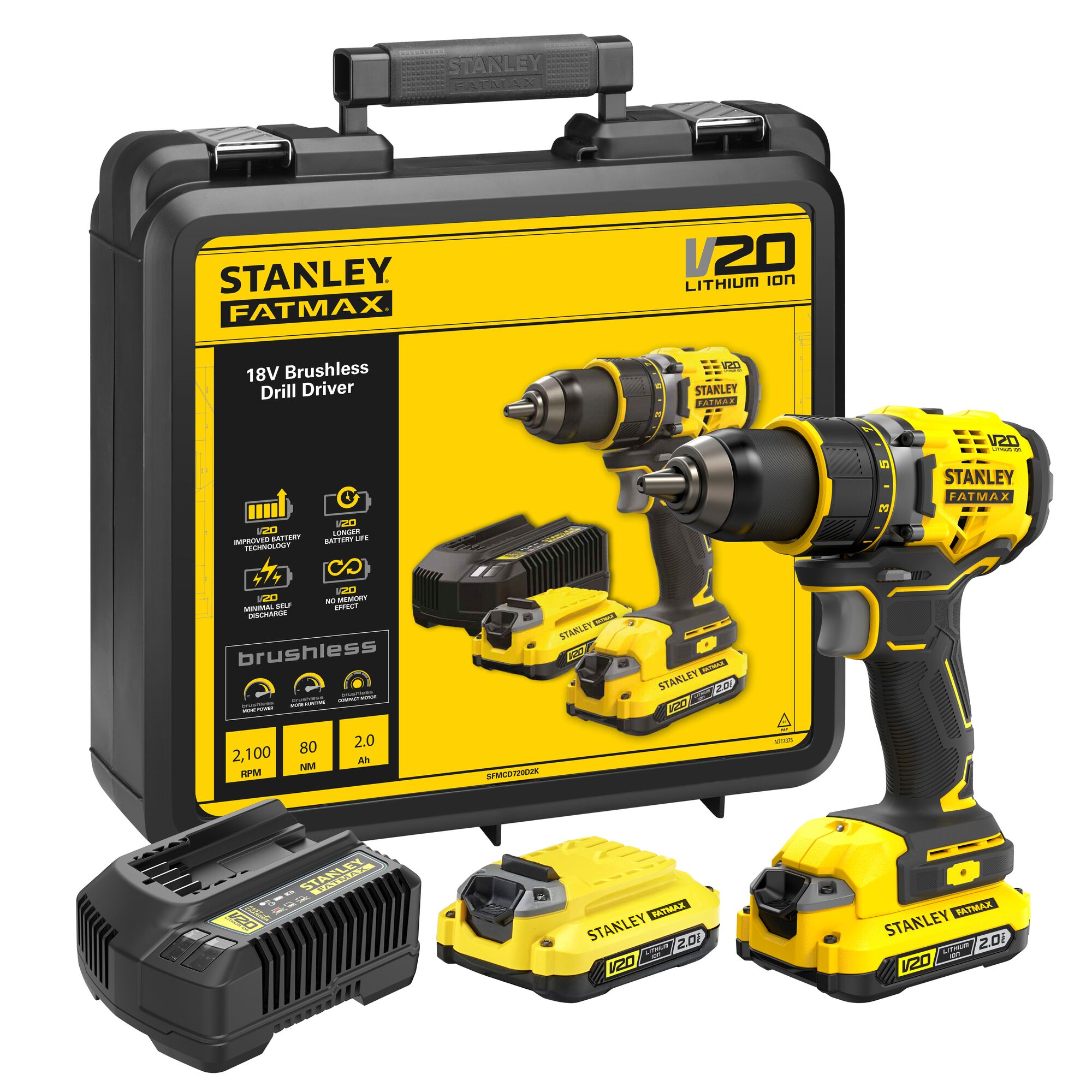 Stanley Powertools Stanley FATMAX SFMCD720D2K V20 18V BL Schroefboor | 2x 2.0Ah SFMCD720D2K-QW