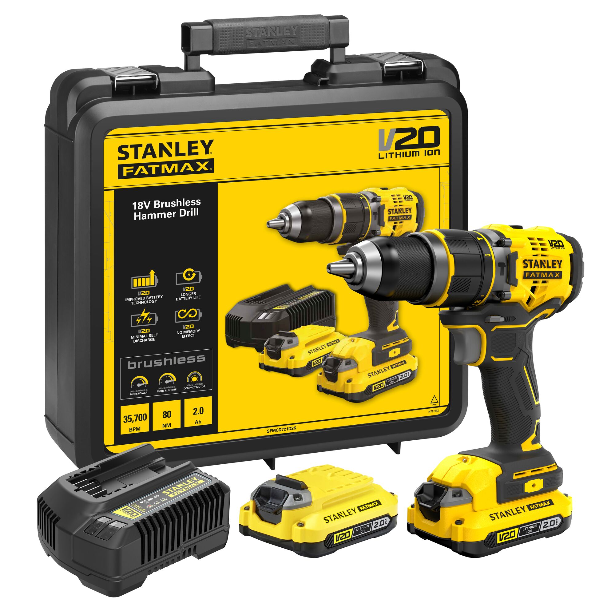 Stanley FATMAX SFMCD721D2K V20 18V BL Schroefklopboor 2x 2.0Ah - SFMCD721D2K-QW