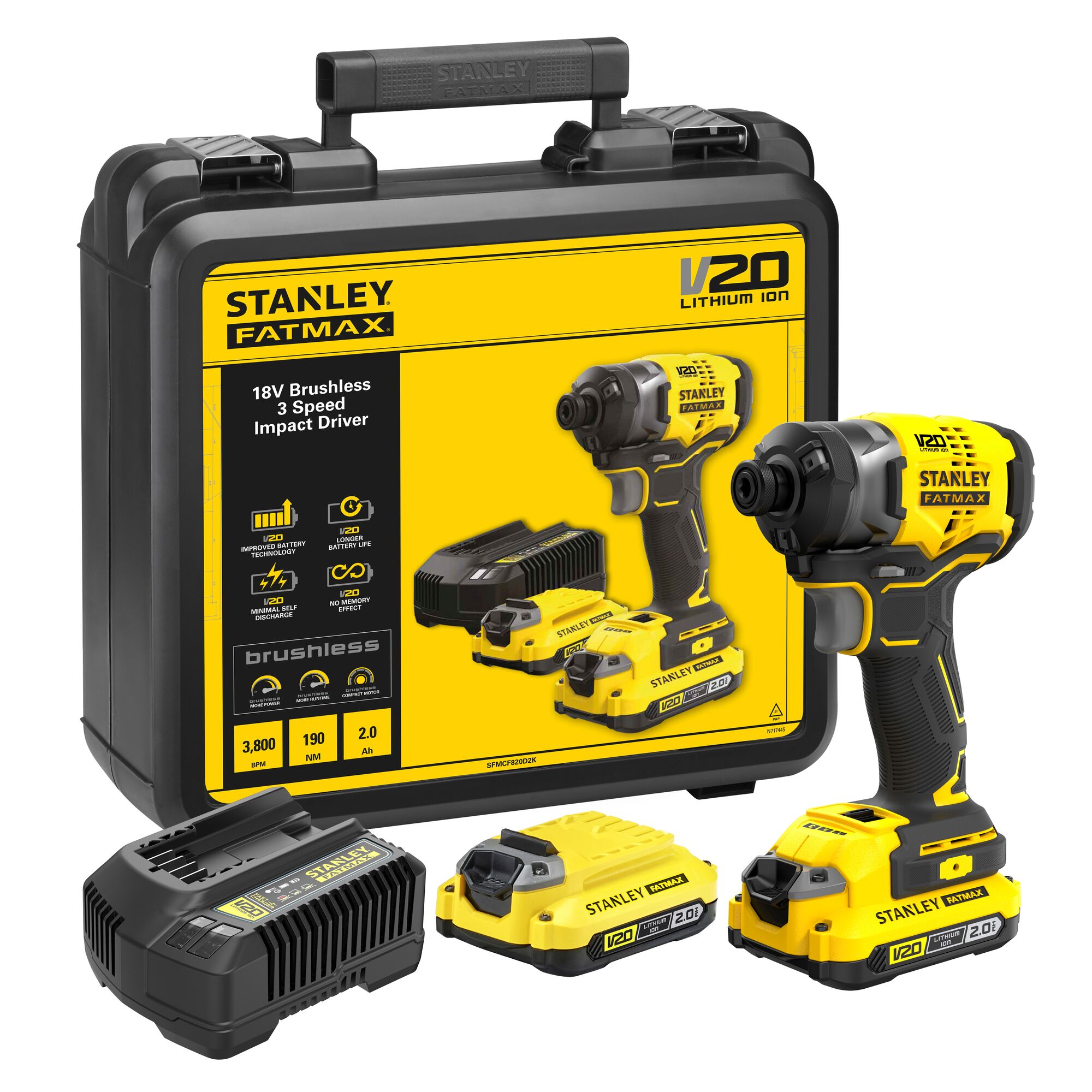 Stanley Powertools Stanley FATMAX SFMCF820D2K V20 18V Brushless Accu Slagschroevendraaier | 2 x 2.0Ah en lader | In Koffer SFMCF820D2K-QW