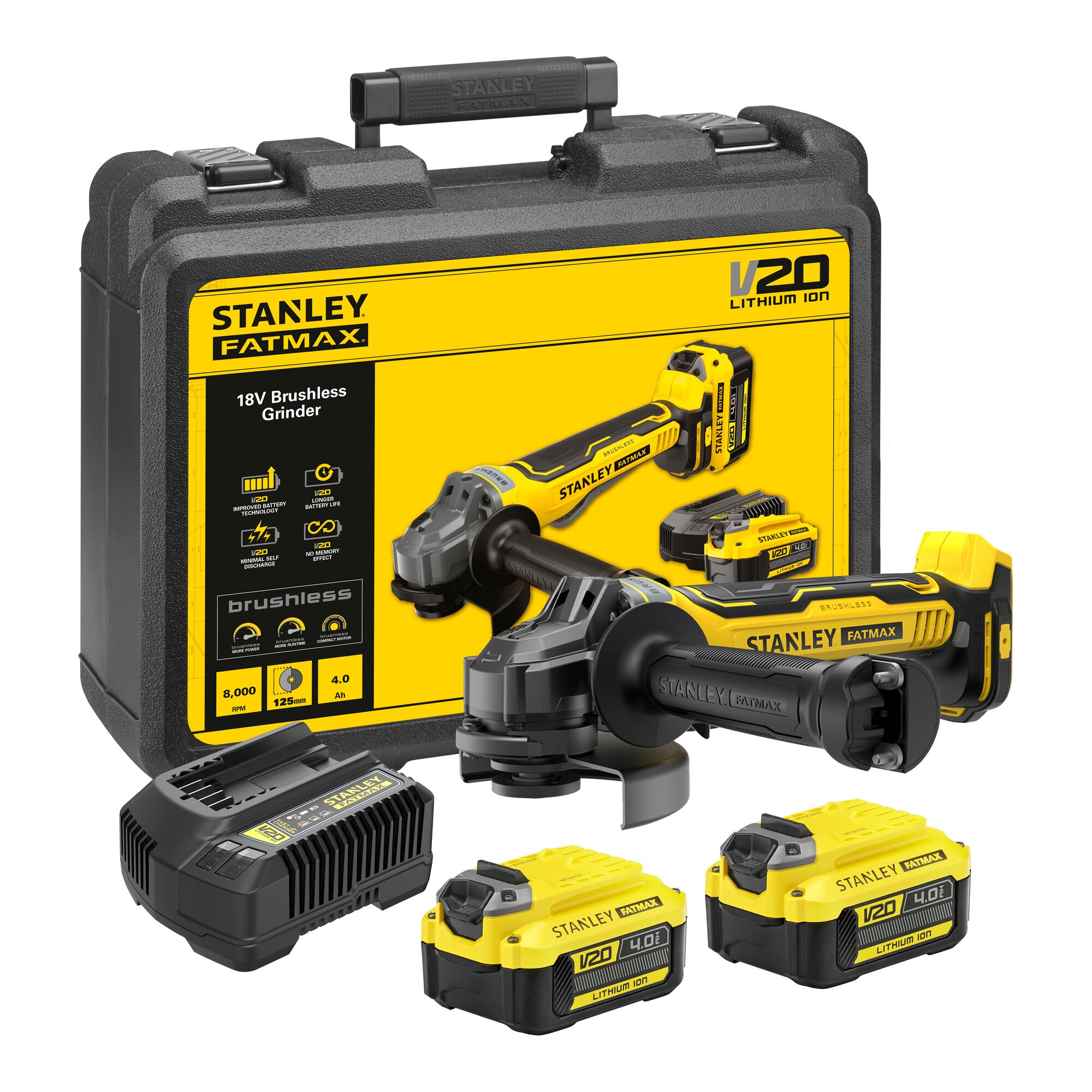 Stanley FATMAX SFMCG700M2K 20V MAX* Accu Haakse Slijper | 125 mm | 2x 4,0Ah Accu | Met lader | In koffer - SFMCG700M2K-QW