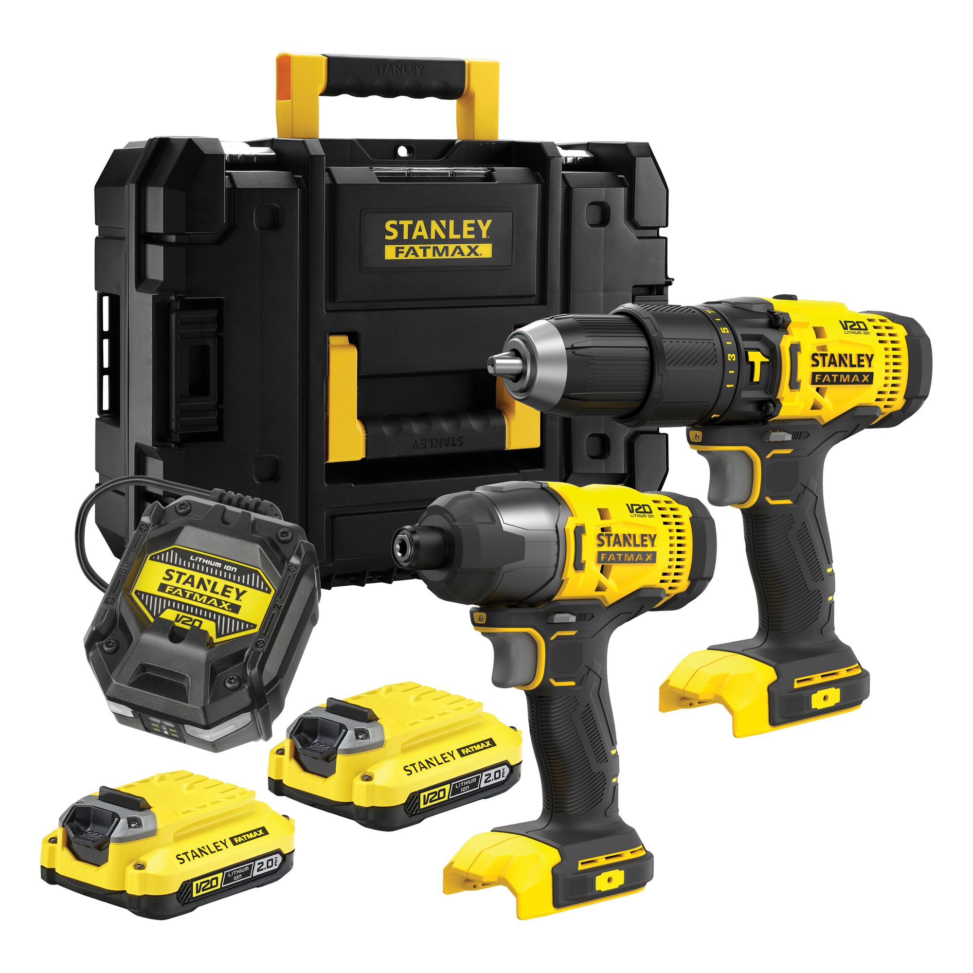Stanley Powertools Stanley FATMAX SFMCK465D2T V20 Combo Kit | 18V Accu Schroefkopboormachine + 18V Accu Slagschroevendraaier | 2x 2 0 AH Accu&apos;s | 1x Lader | In TSTAK