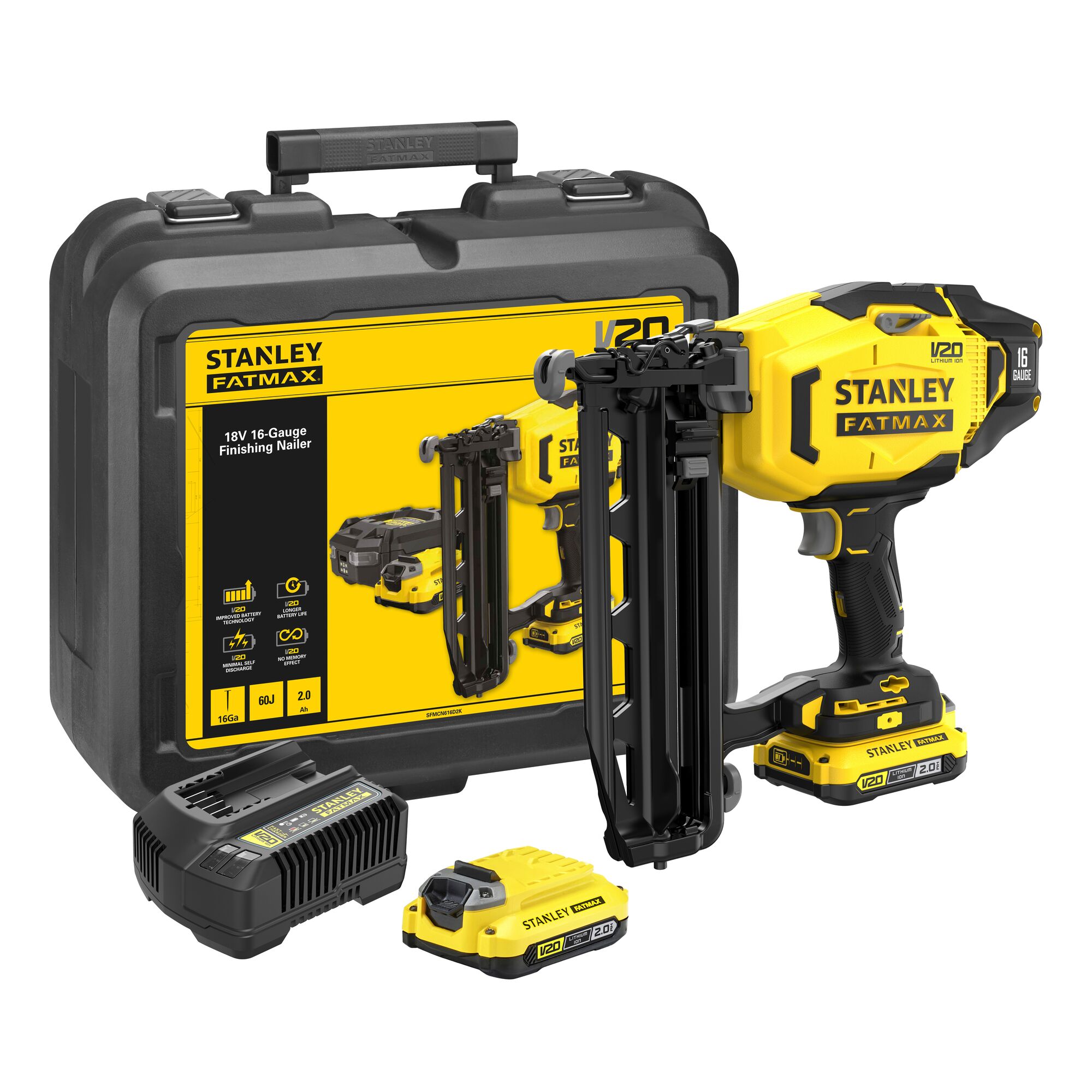 Stanley FATMAX SFMCN616D2K V20 18V 16G Accu Spijkermachine | 2x 2,0Ah Accu&apos;s + Lader | In Koffer - SFMCN616D2K-QW