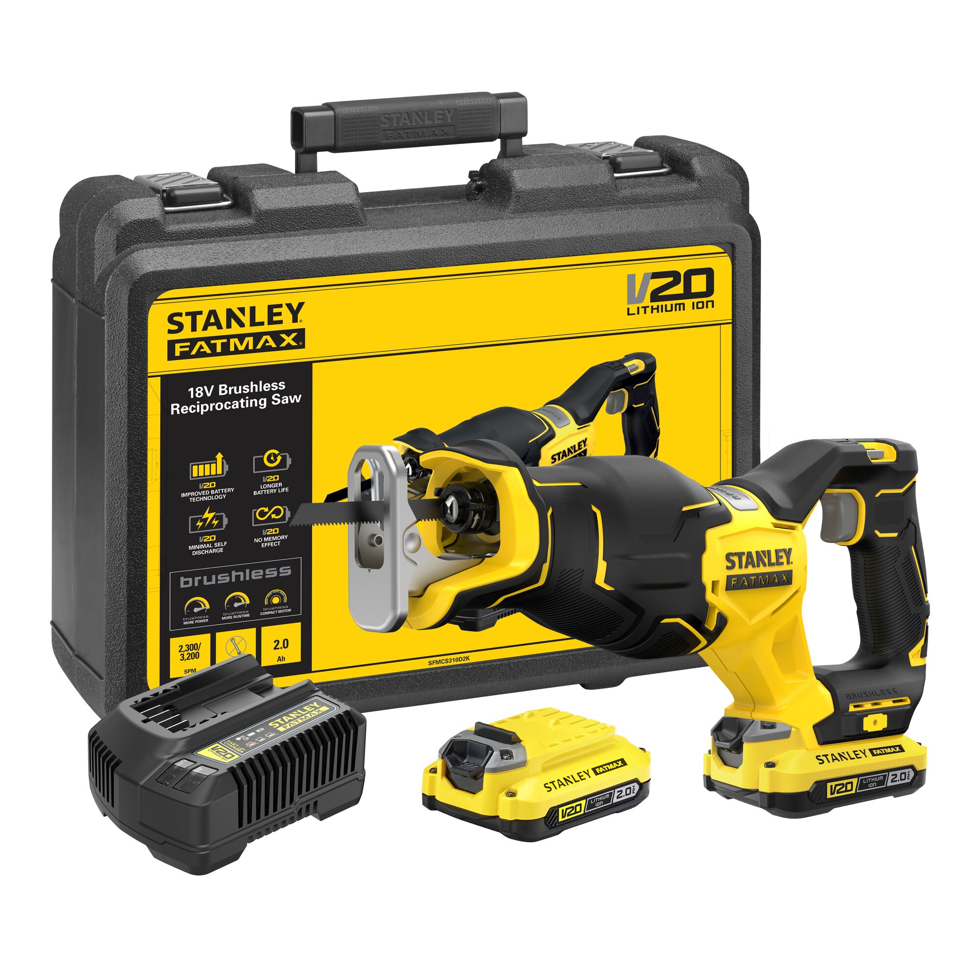 Stanley Powertools Stanley FATMAX SFMCS310D2K 20V MAX* Brushless Accu Reciprozaag | 2 x 2.0Ah Accu&apos;s + Lader | In Koffer SFMCS310D2K-QW