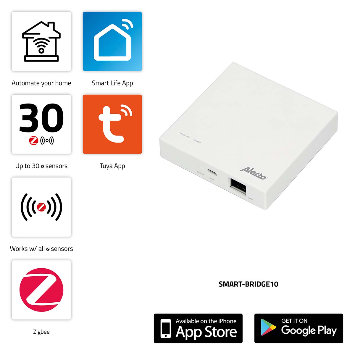 Alecto SMART-BRIDGE10 Aansluitpunt voor Zigbee sensoren op netwerk internet SMART-BRIDGE10