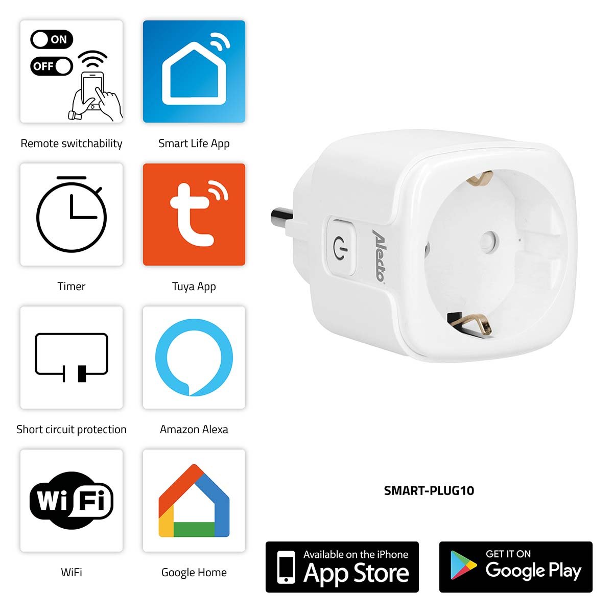 Alecto SMART-PLUG10 Slimme Wi-Fi-stekker 16A 3680W - SMART-PLUG10