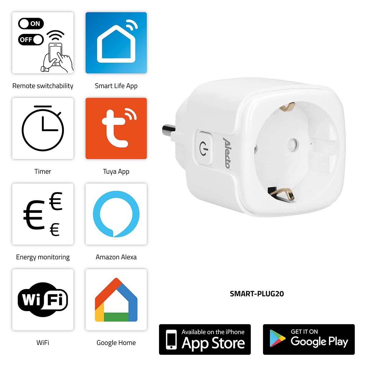 Alecto SMART-PLUG20 Slimme Wi-Fi-stekker met energiemonitor 16A 3680W - SMART-PLUG20