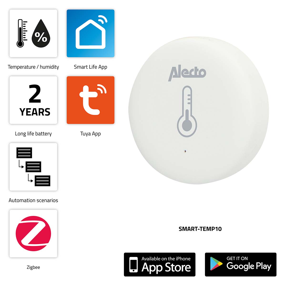 Alecto SMART-TEMP10 Smart Zigbee temperatuur- en vochtigheidssensor SMART-TEMP10