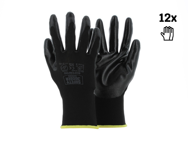 Safety Jogger Zwarte polyester veiligheidshandschoenen met een zwarte nitril coating | 12 Stuks | Zwart | Maat 7 - SW0800007