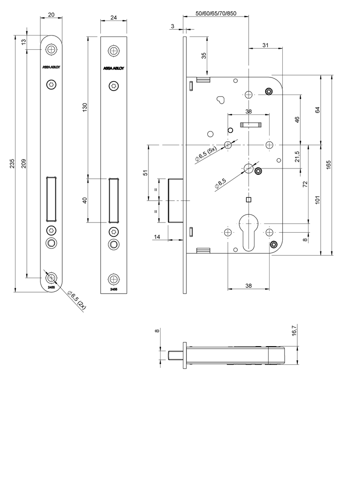 ASSA ABLOY 2455 Kastslot | DM60mm | PC | voorplaat staal gelakt 24x235mm rechthoekig | DR 1+2+3+4 7962024