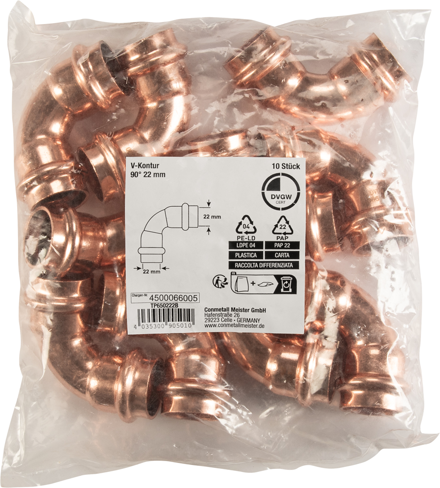Cornat Perskoppeling Boog 90Gr 22Mm 10St TP650222B