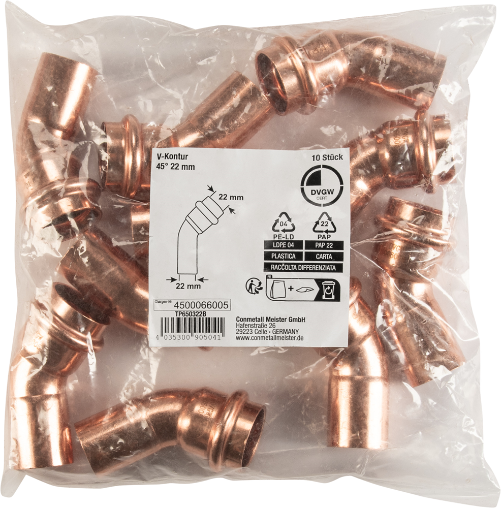 Cornat Perskoppeling Boog 45Gr 22Mm 10St TP650322B