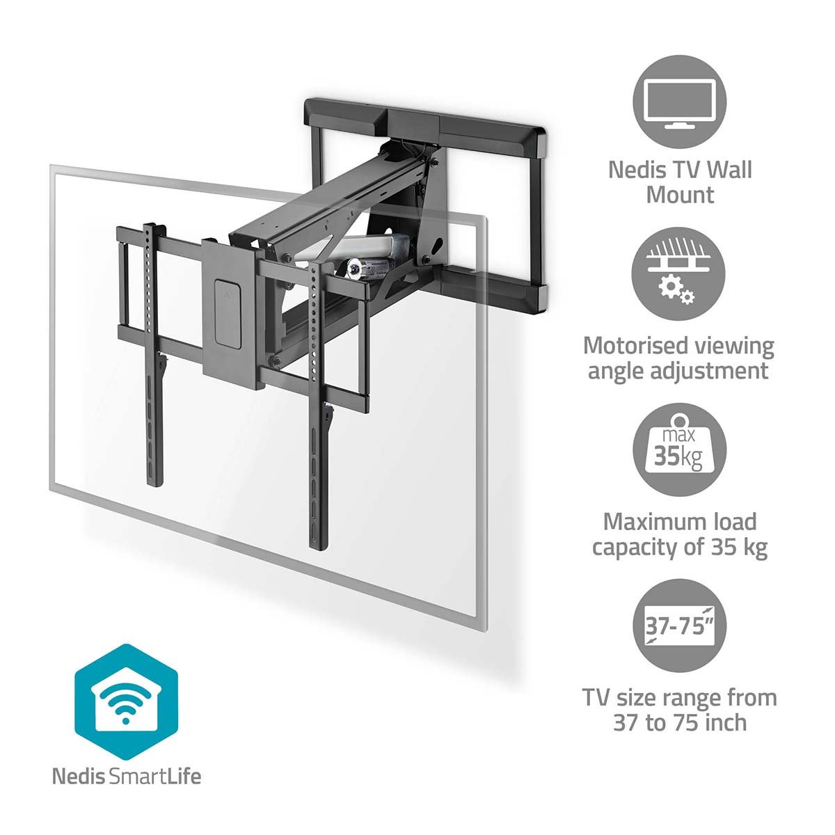 Nedis Gemotoriseerde TV-Muurbeugel | 37 - 75 " | Maximaal schermgewicht: 35 kg | Draaibaar | Minimale muurafstand: 153 mm | Maximale muurafstand: 485