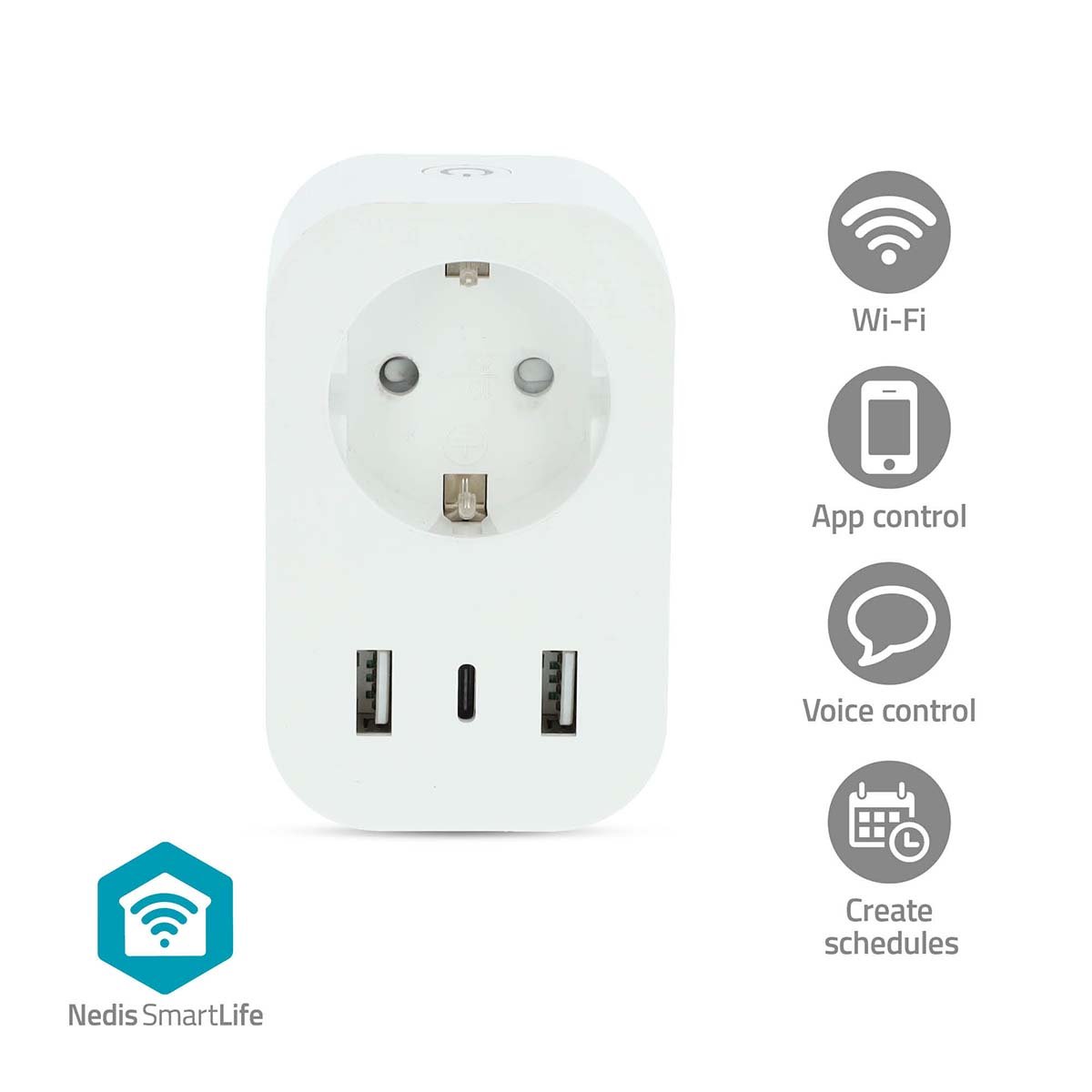 Nedis SmartLife Slimme Stekker | Wi-Fi | IP21 | Energiemeter | 3680 W | Type F (CEE 7 7) 1x USB-C™ 2x USB | 0 55 °C | Android™ IOS | Wit | 1