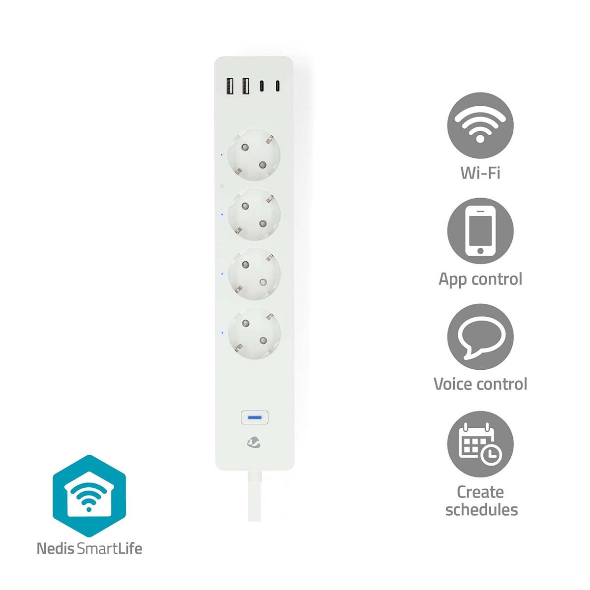 Nedis SmartLife Stekkerdoos | Wi-Fi | Hybrid (CEE 7 7) USB-A USB-C™ | 16 A | 3680 W | 2.00 m | 0 55 °C | Android™ IOS | Wit WIFIP313FWT