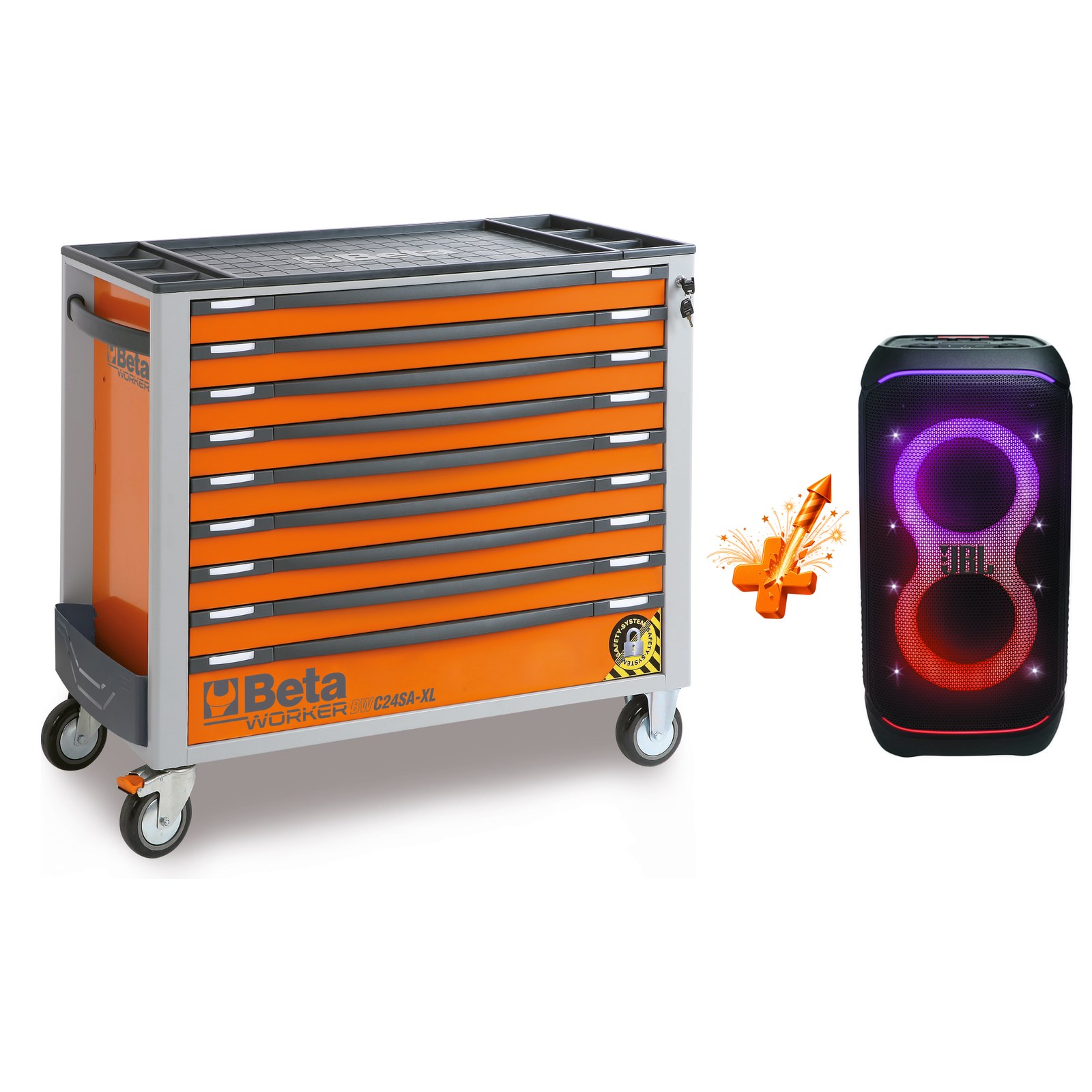 Beta BW 2400S XL9/E-XXL Gereedschapswagen Oranje met 9 Laden | 716 Delig + JBL PartyBox Stage 320 - ZNLDEC033