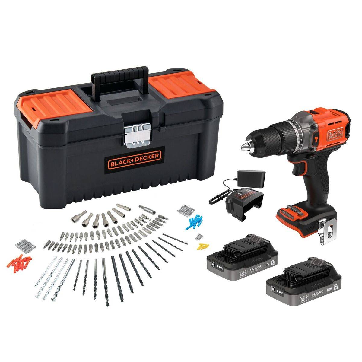 BLACK+DECKER KIT: 18V Accu Klopboormachine met 2x 18V 2.0Ah accu en lader en 120 accessoires in koffer - BCD383D2TA-QW