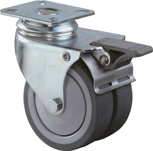 BS Rollen Dubbel zwenkwiel met totaalrem | 75 mm 80 kg | met vastzetter rubber | grijs 77 x 67 mm | 1 stuk - B120.A85.075 B120.A85.075