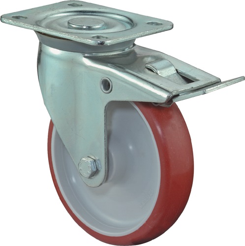 BS Rollen Zwenkwiel | wiel d. 100 mm draagvermogen 125 kg | met totale rem van polyurethaan | 104x80 mm rood | 1 stuk - L420.B31.100 L420.B31.100