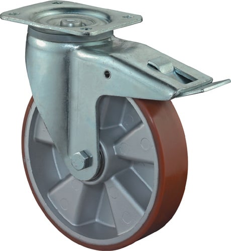 BS Rollen Zwenkwiel voor zware lasten | wiel-d. 250 mm draagvermogen 1000 kg | met vastzetter gegoten polyurethaan | 135 mm 110 mm | 1 stuk -