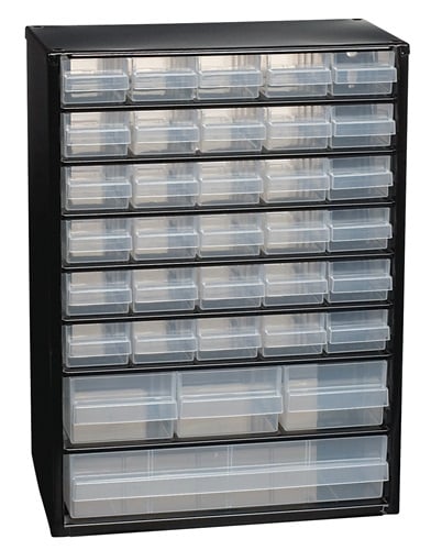 Raaco Opbergbakstelling voor klein materiaal | B306xD150xH420 mm staalplaat | 34 laden polypropyleen | zwart/transparant | 1 stuk - 132091 CABINET C