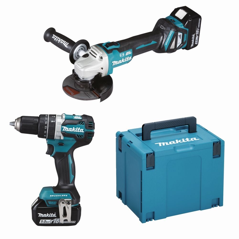 Makita DLX2272TJ 18V LXT 2 delige set: DGA513 Haakse slijper + DHP484 (Klop)boormachine 2 x 5.0Ah accu's