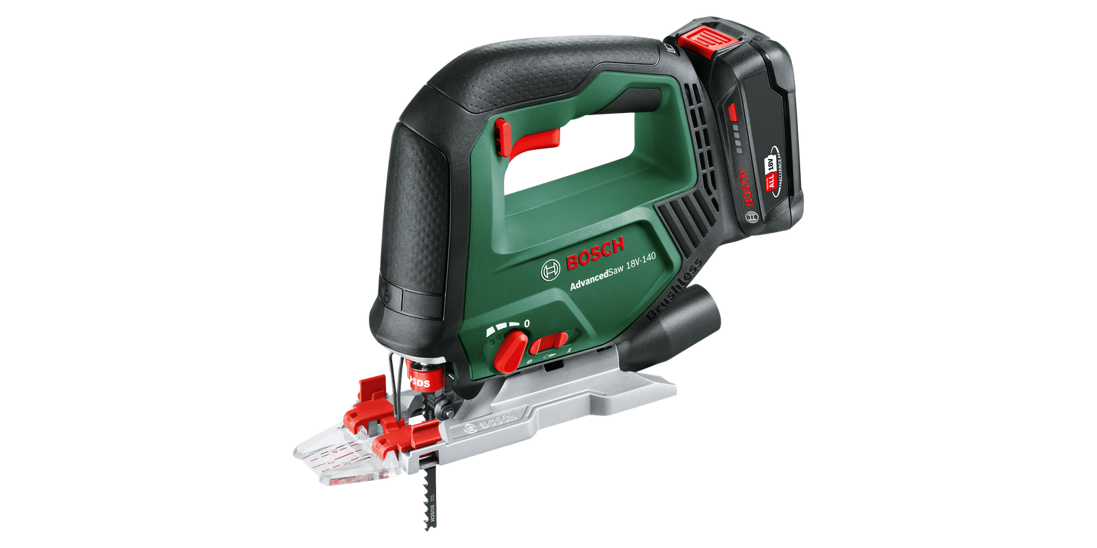 Bosch Groen AdvancedSaw 18V-140 Accu decoupeerzaag | 1X 18 V Li-Ion accu (2 0 Ah) & 1-uurs lader (AL 18V-20) 0603013003