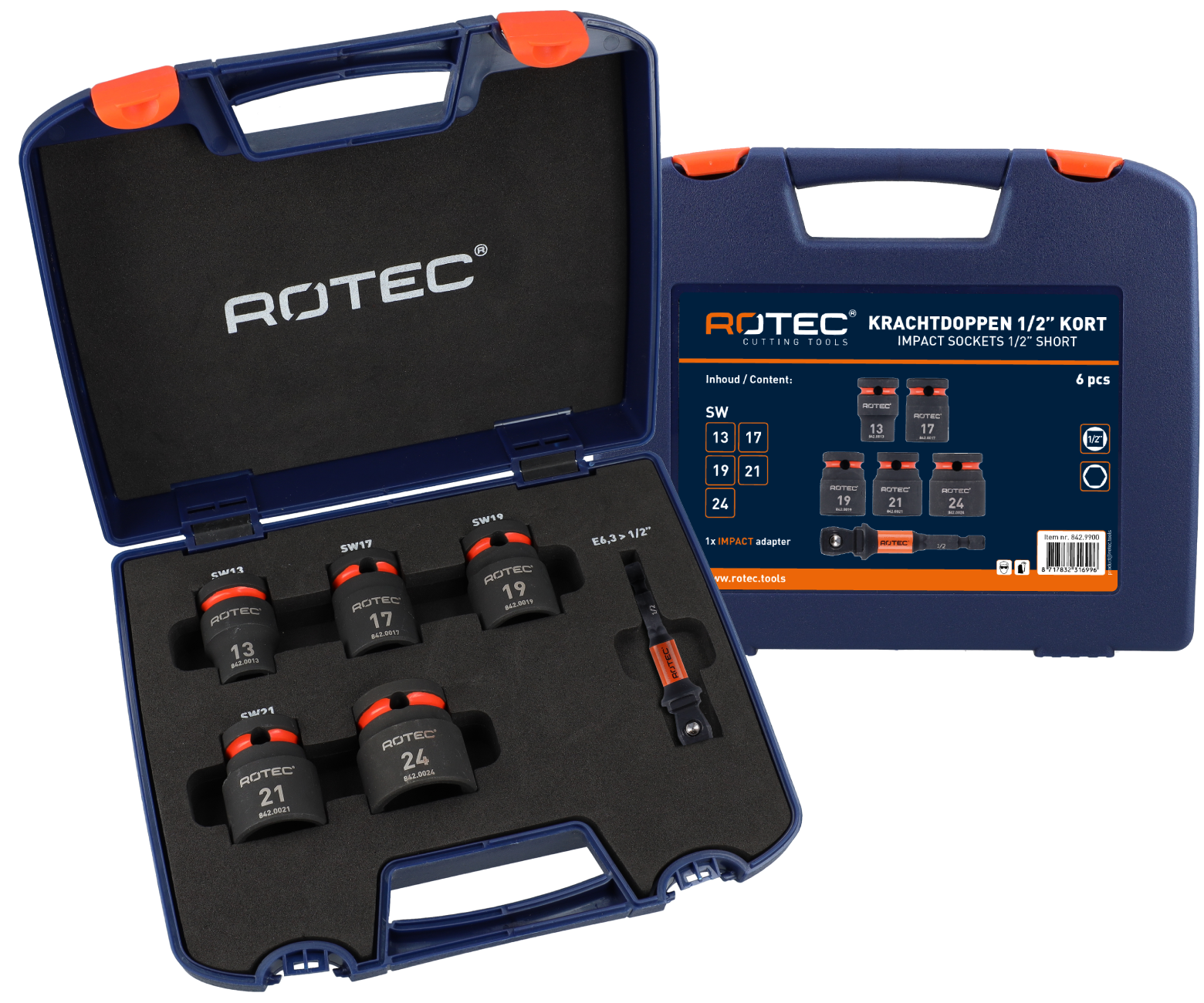 Rotec Krachtdoppen set | Binnenvierkant 1/2 | Kort | 6-delig | SW13SW24 - 842.9900