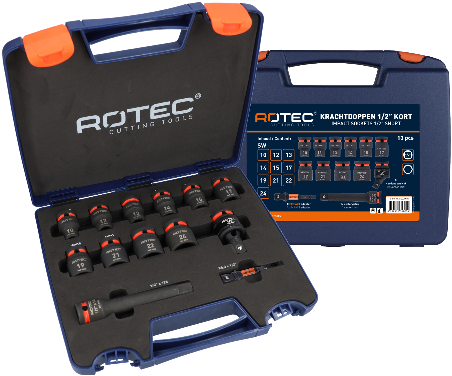 Rotec Krachtdoppen set | Binnenvierkant 1/2 | Kort | 13-delig | SW10SW24 - 842.9901