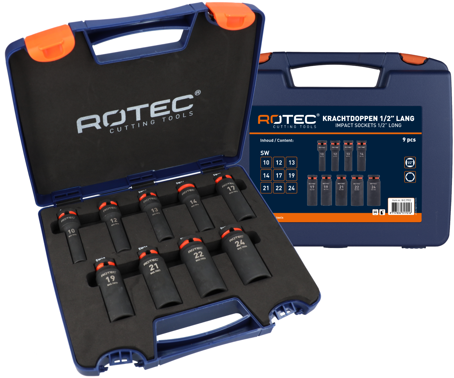 Rotec Krachtdoppen set | Binnenvierkant 1/2 | Lang | 9-delig | SW10SW24 - 842.9902 afbeelding 1