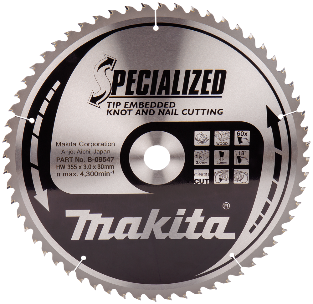 Makita Accessoires Cirkelzaagblad Hout (noest/spijker) | Embedded Tip 355x30x3,0 60T 18g - B-09547 - B-09547