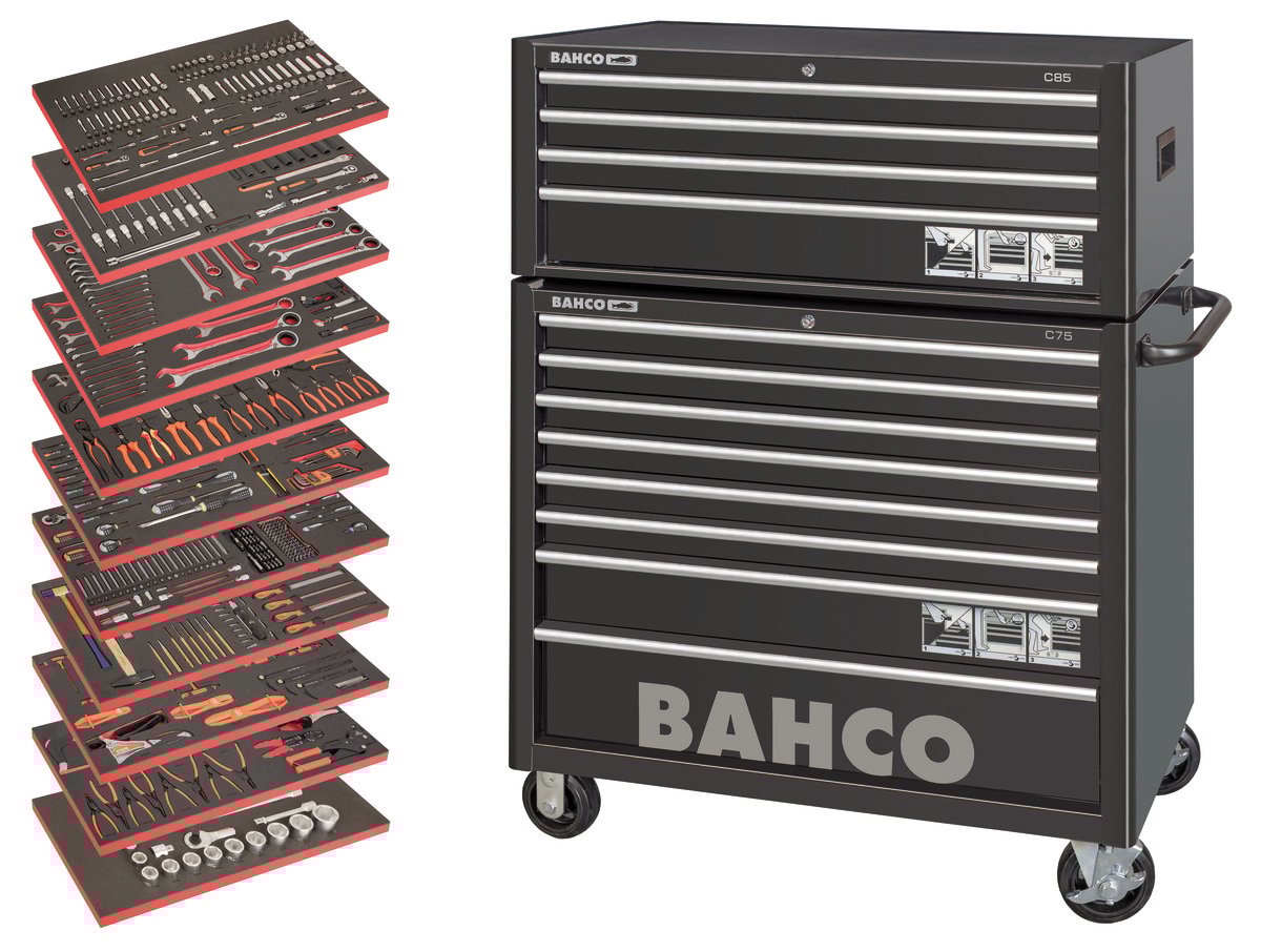 Bahco Gereedschapswagen 40" C75 met 8 lades | topkast met 4 lades | zwart | voor algemeen gebruik | inclusief 11 gevulde lades 758-delig MONSTER