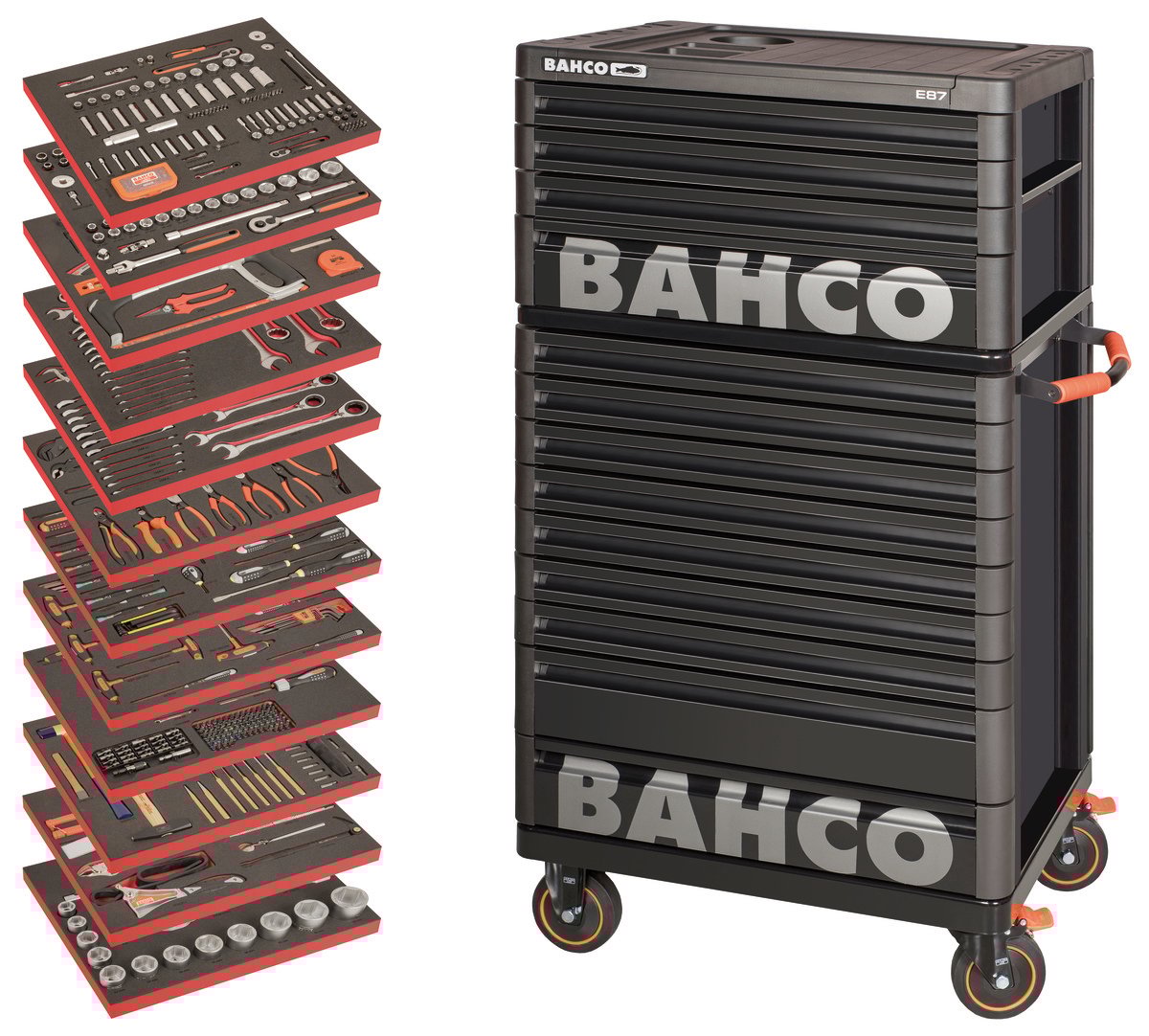 Bahco Gereedschapswagen 26" E77 met 9 lades | topkast met 4 lades | zwart | voor algemeen gebruik | inclusief 12 gevulde lades 560-delig XLARGE