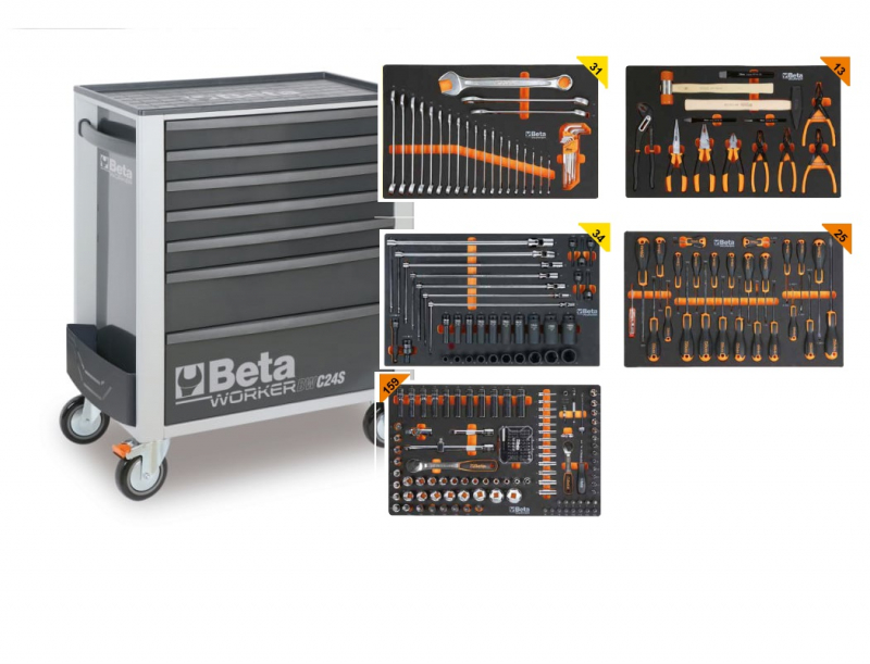Beta BW 2400S7-G/5M Gereedschapswagen met 7 laden, gevuld met gereedschap | 262 Delig - 024006852