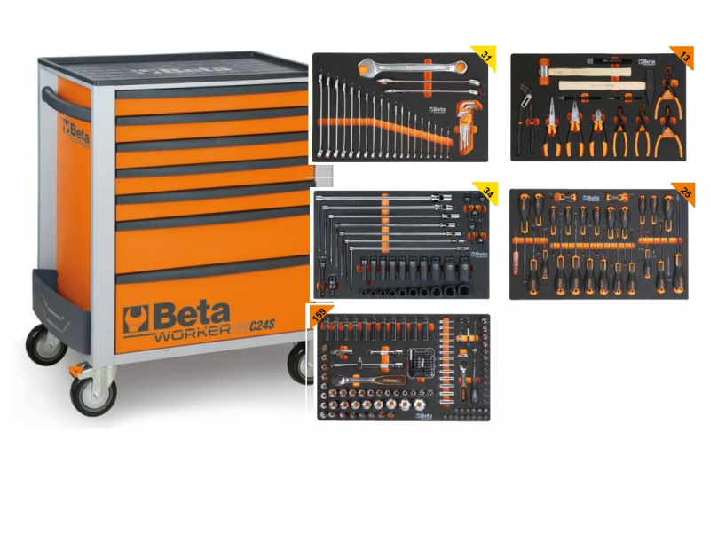 Beta BW 2400S7-O/5M Gereedschapswagen met 7 laden, gevuld met gereedschap | 262 Delig - 024006851