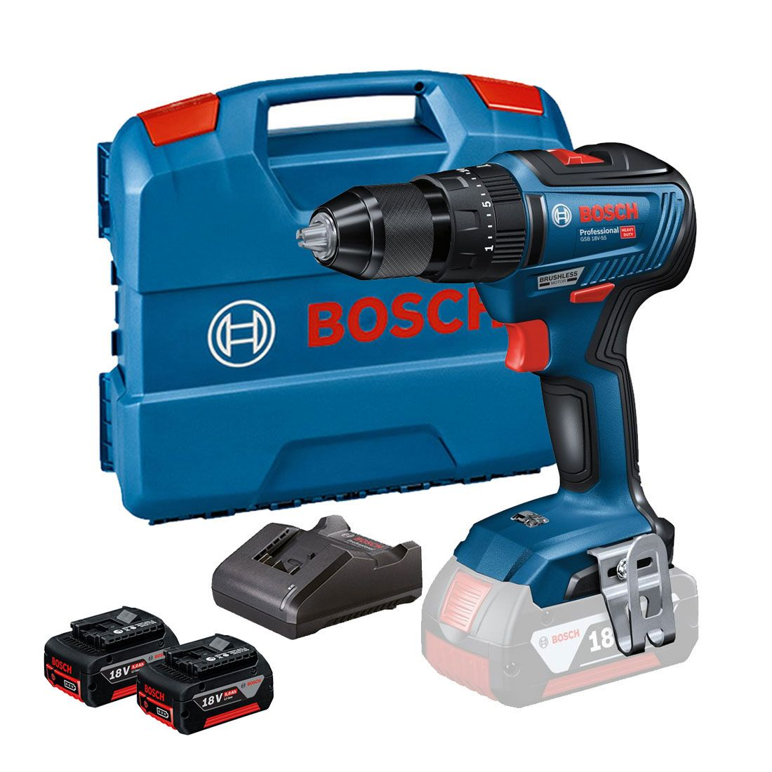 Bosch Blauw GSB 18V-55 Accu klopboormachine | 2 x 5,0 Ah accu + Snellader | In L-Case - 0615990M5W