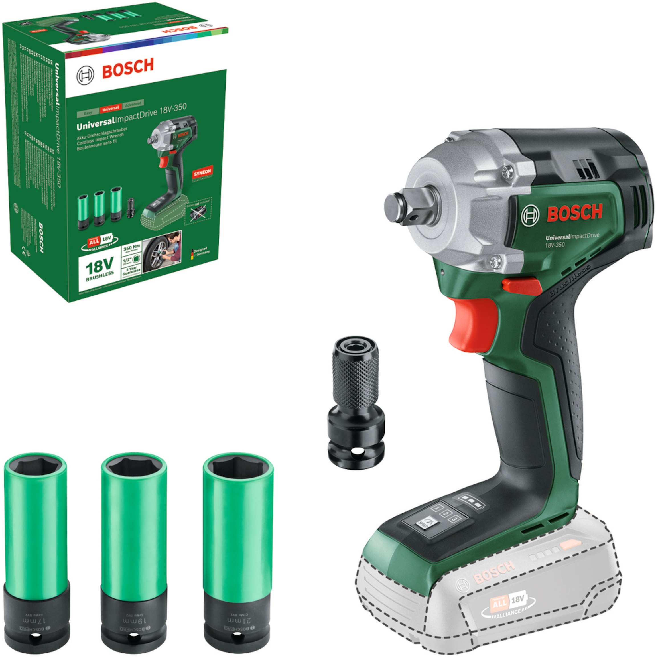 Bosch Groen UniversalImpactDrive 18V-350 Accuslagmoersleutel Met dopsleutelset | Exclusief Accu's en Lader - 0603980305