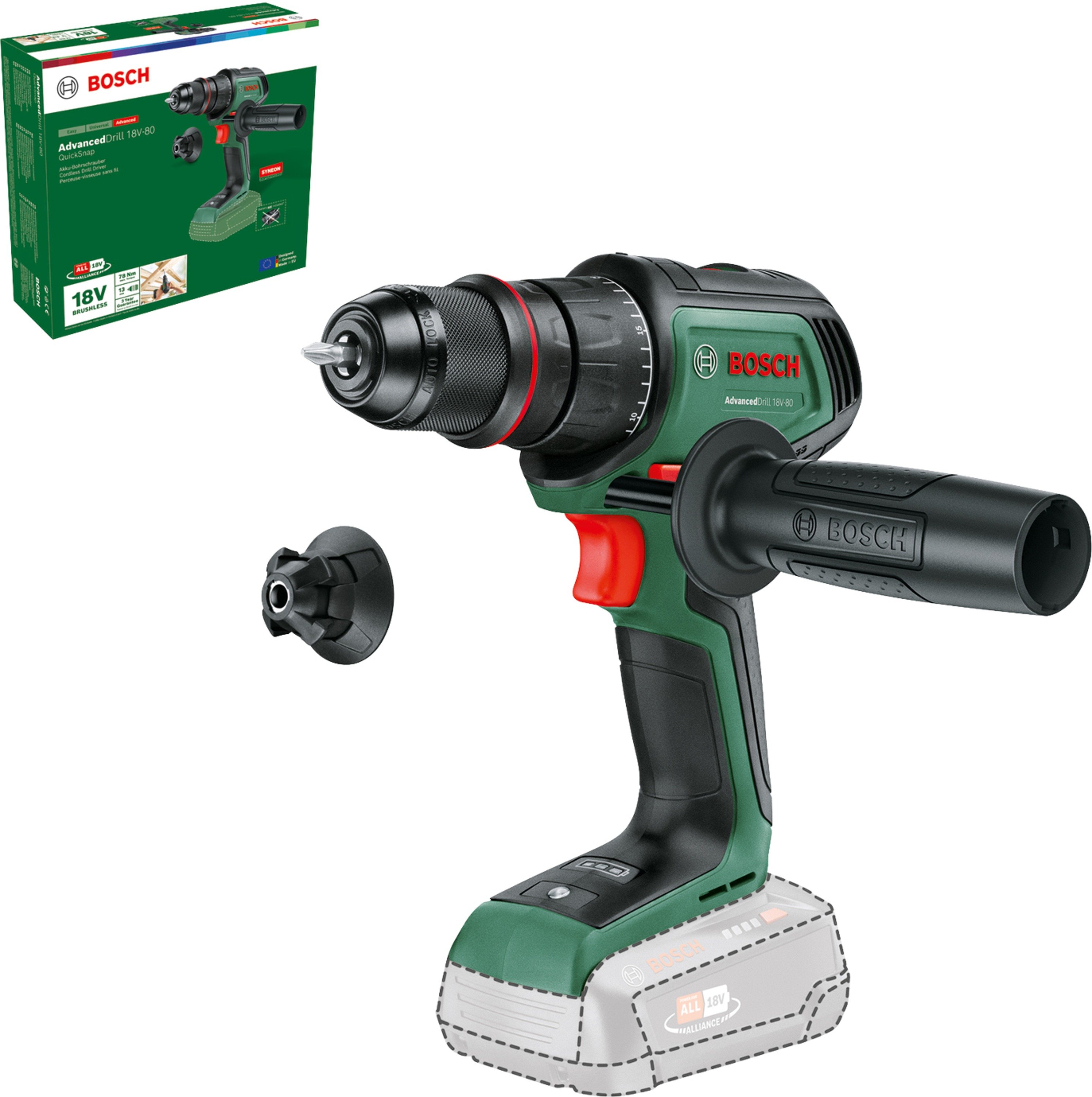 Bosch Groen AdvancedDrill 18V-80 QuickSnap Accuschroefboormachine | Zonder accu en lader - 06039E2000