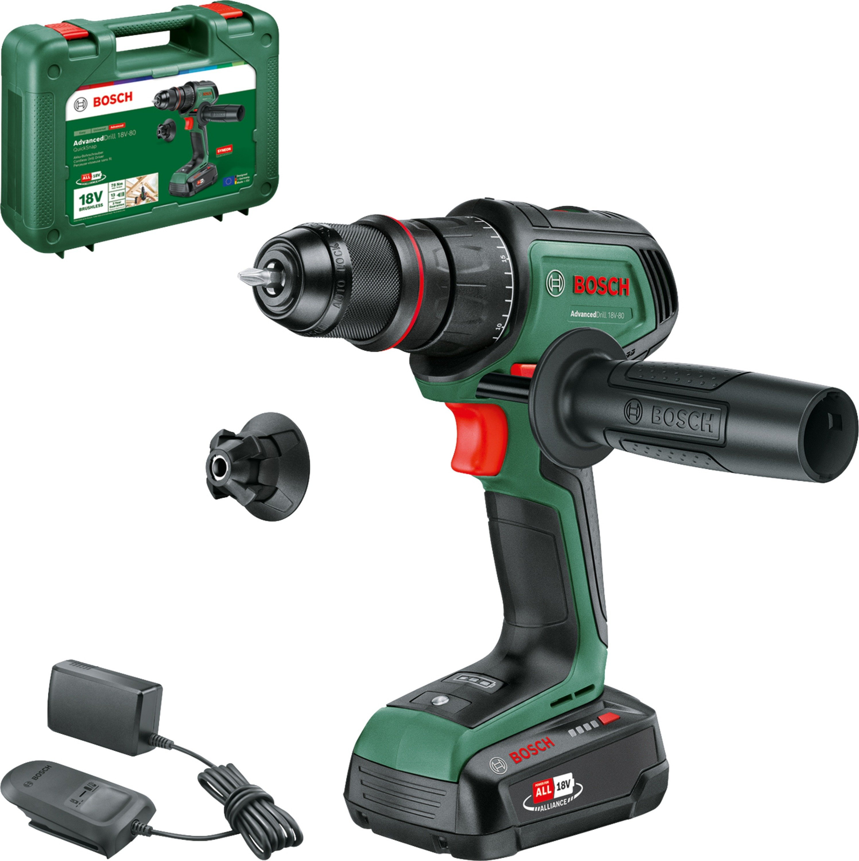 Bosch Groen AdvancedDrill 18V-80 QuickSnap Accuschroefboormachine | 1-uurslader (AL 18V-20) en 1x 18 V Li-Ion accu (2,5 Ah)) - 06039E2001