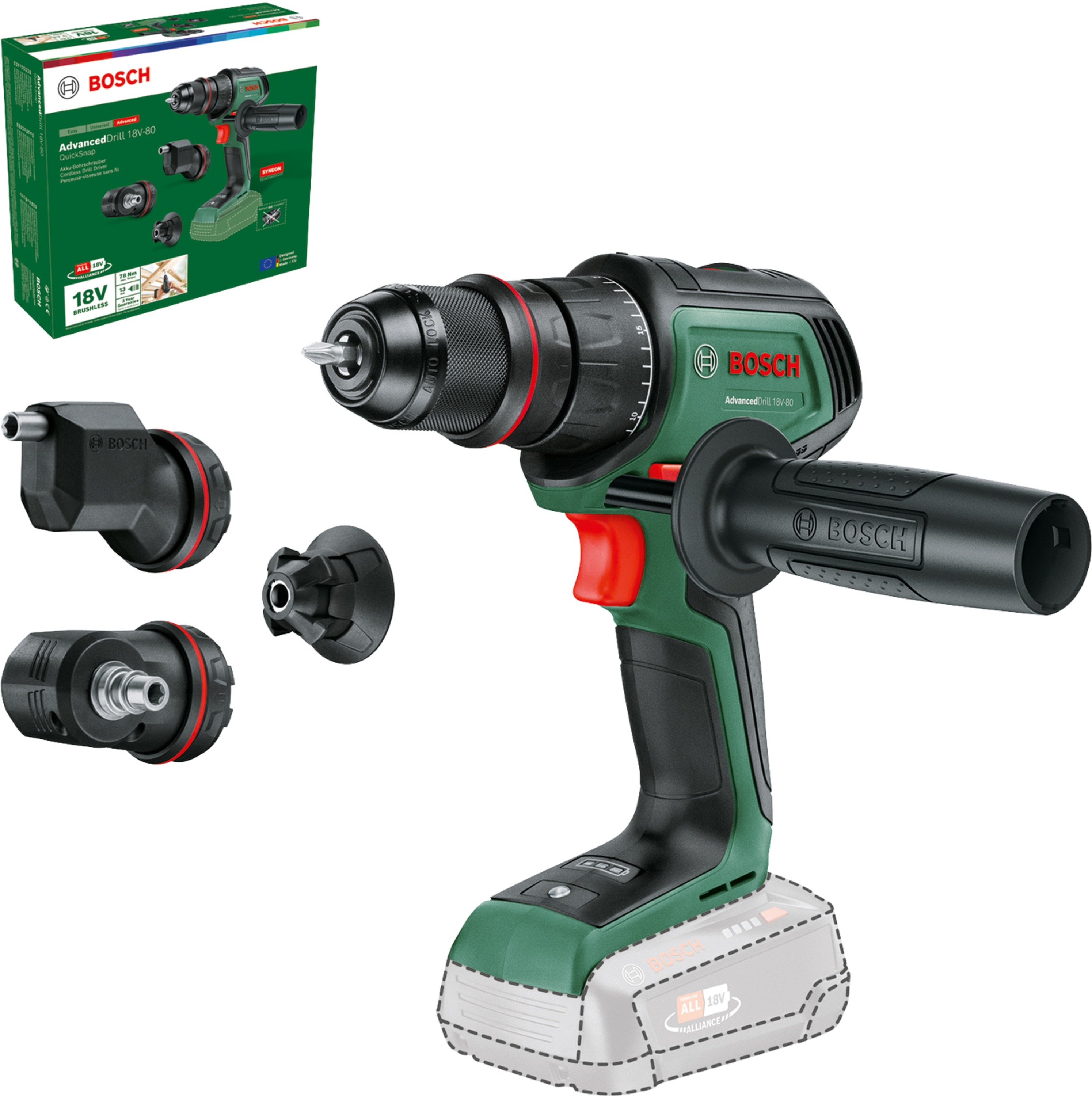 Bosch Groen AdvancedDrill 18V-80 QuickSnap Accuschroefboormachine | Zonder accu en lader - 06039E2003