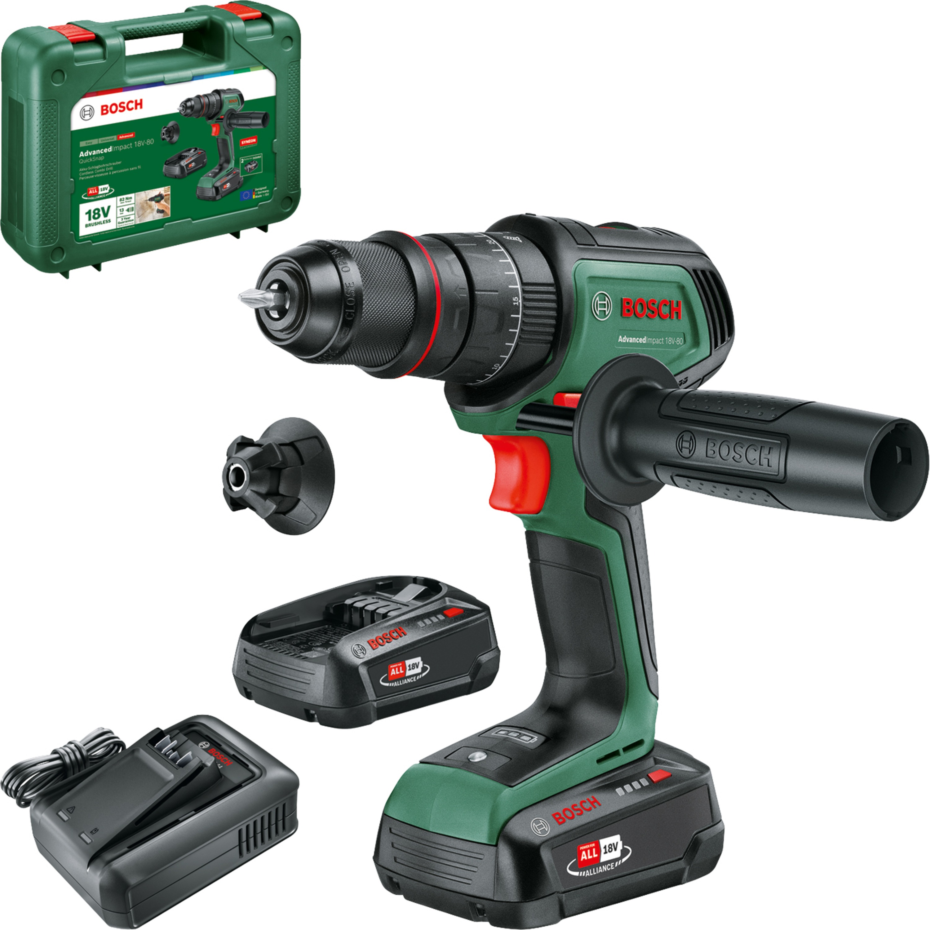 Bosch AdvancedImpact 18V-80 QuickSnap - Accuklopboorschroevendraaier - Inclusief Magnetische schroefhouder 13 mm boorhouder schroefbit - 2x 18V Li-Ion accu (2.5 Ah) 45-min lader