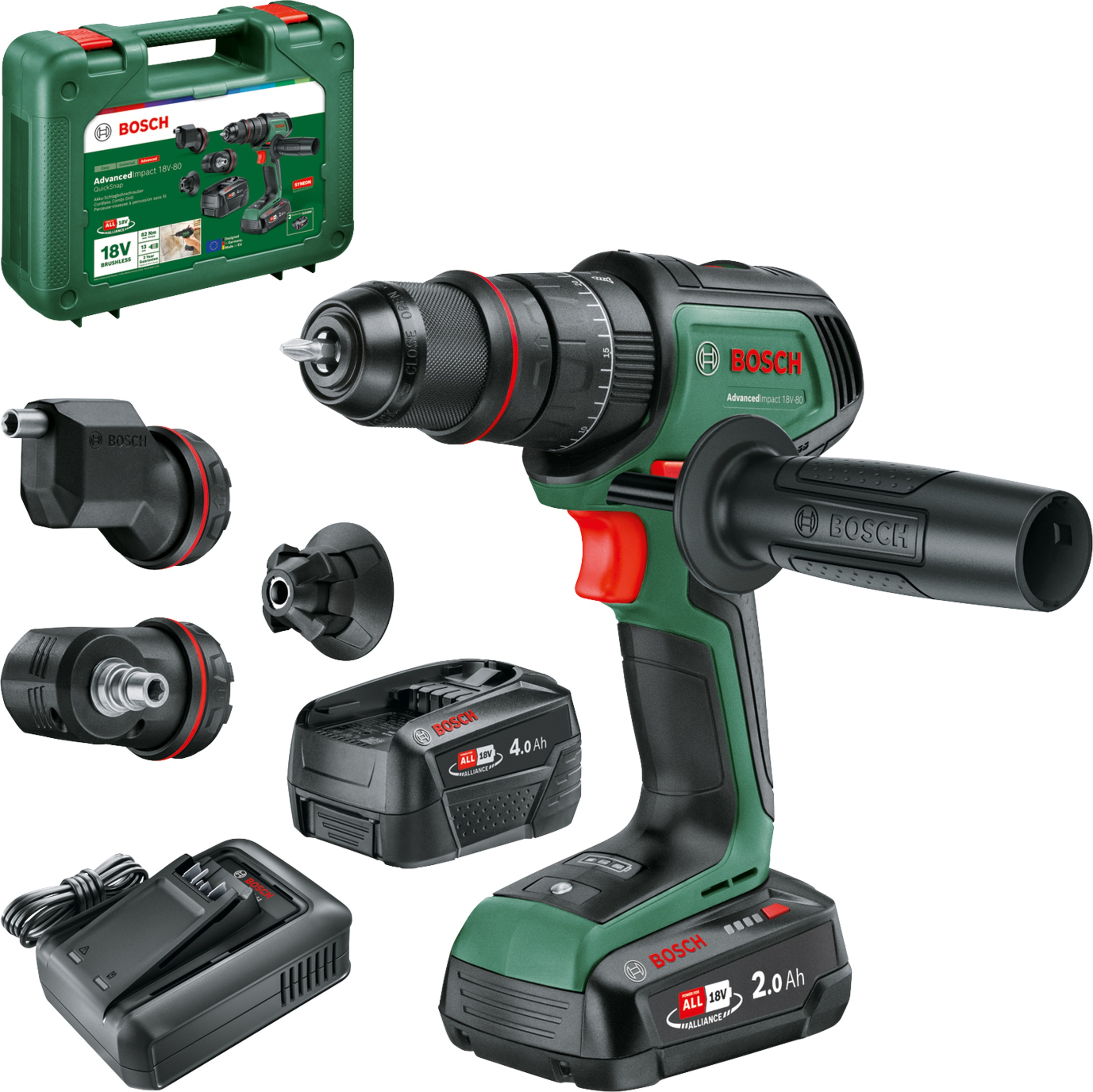 Bosch AdvancedImpact 18V-80 QuickSnap - Accuklopboorschroevendraaier - Inclusief Magnetische schroefhouderexcenteropzetstuk haakse opzetstuk 13 mm boorhouder schroefbit - 2x 18V Li-Ion accu (2.5 & 4.0 Ah) 45-min lader