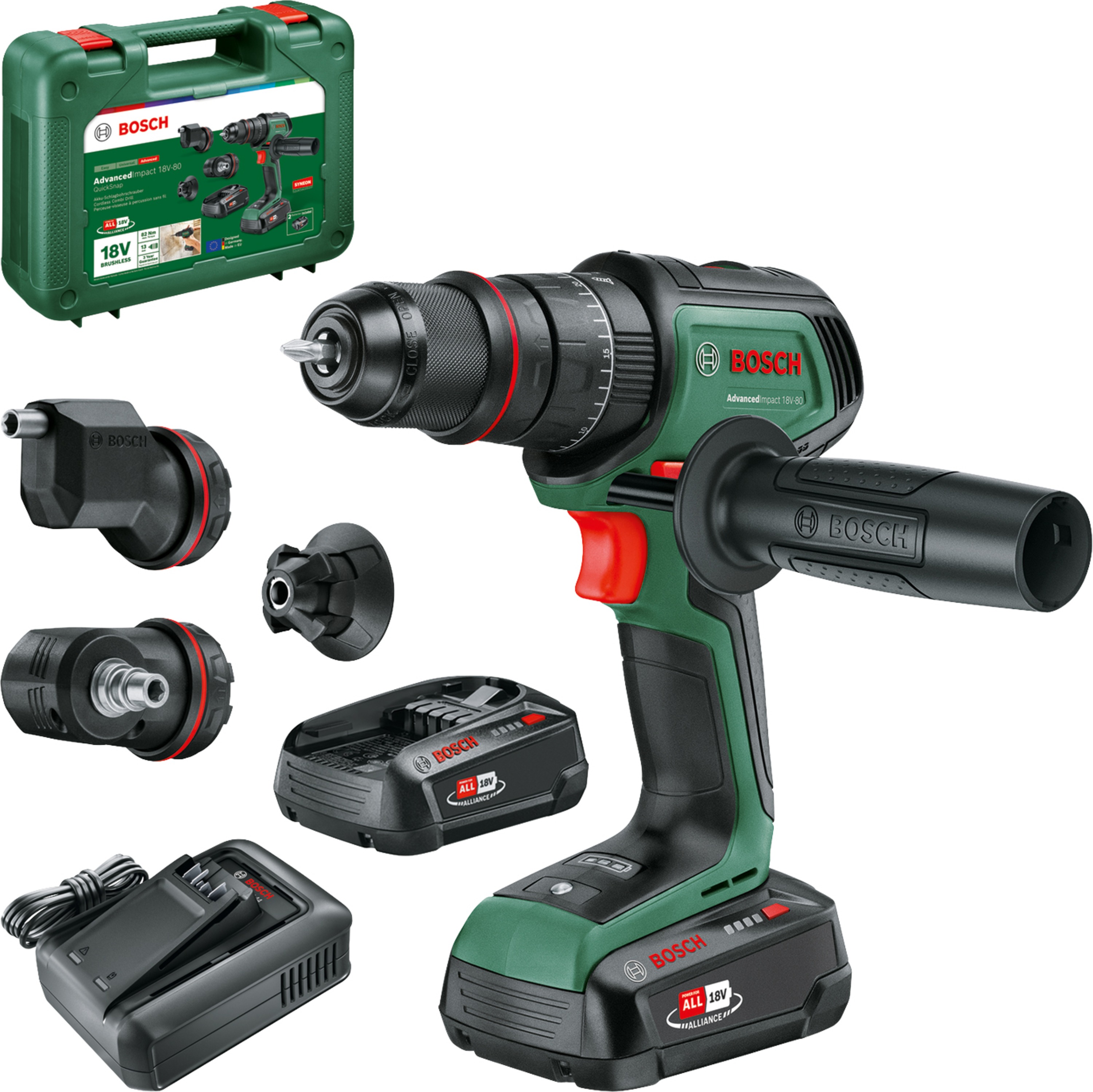 Bosch Groen AdvancedImpact 18V-80 QuickSnap | Accu Klopboormachine | 82 Nm | Incl. accessoires | 2x 18 V Li-Ion accu's (2,5 Ah) + oplader | In koffer