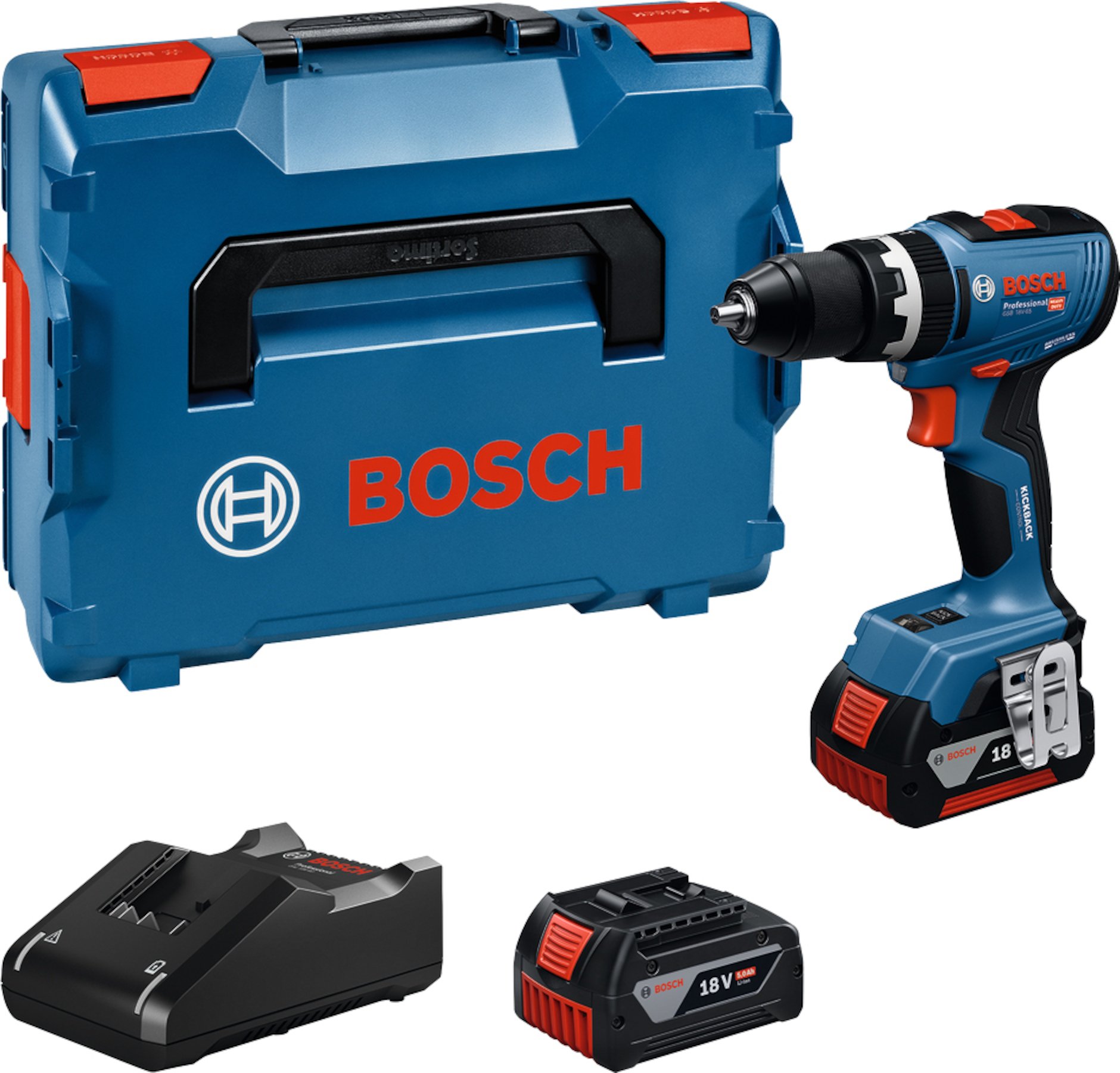 Bosch Blauw GSB 18V-65 Accu klopboorschroevendraaier | 2x GBA 18V 5,0 Ah & GAL 18V-40 Lader - 06019N3303
