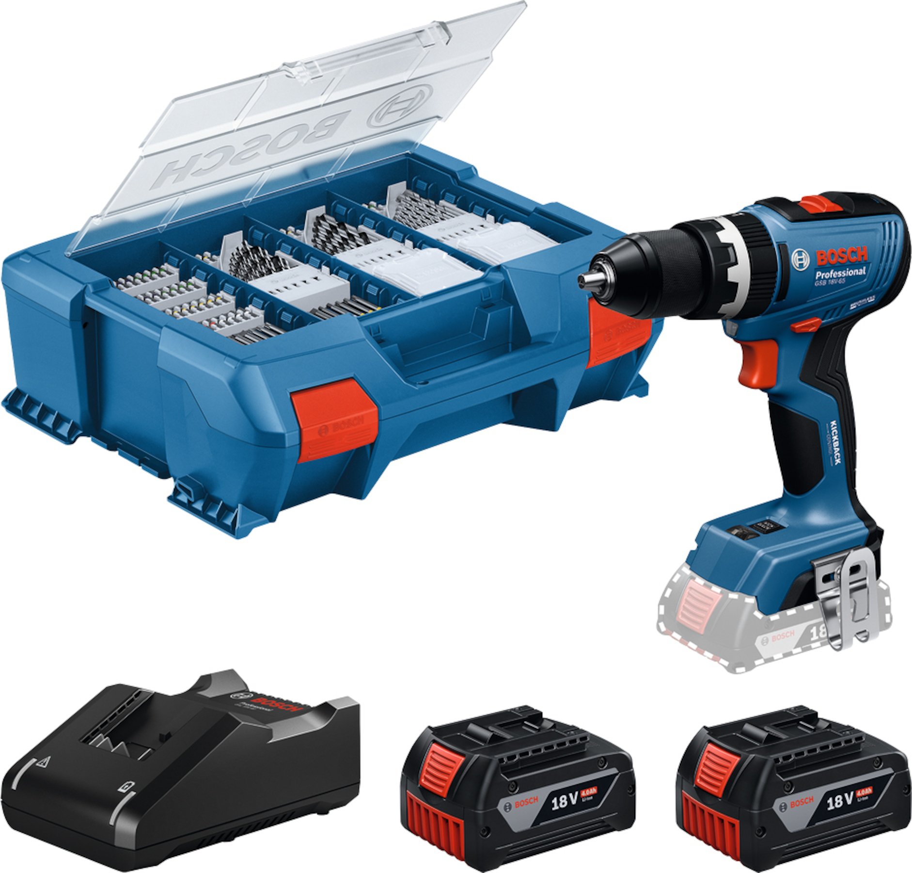 Bosch Blauw GSB 18V-65 Accu klopboorschroevendraaier | Inclusief 2x GBA 18V 4,0 Ah & GAL 18V-40 Lader | 82 Accessoires - 06019N3307