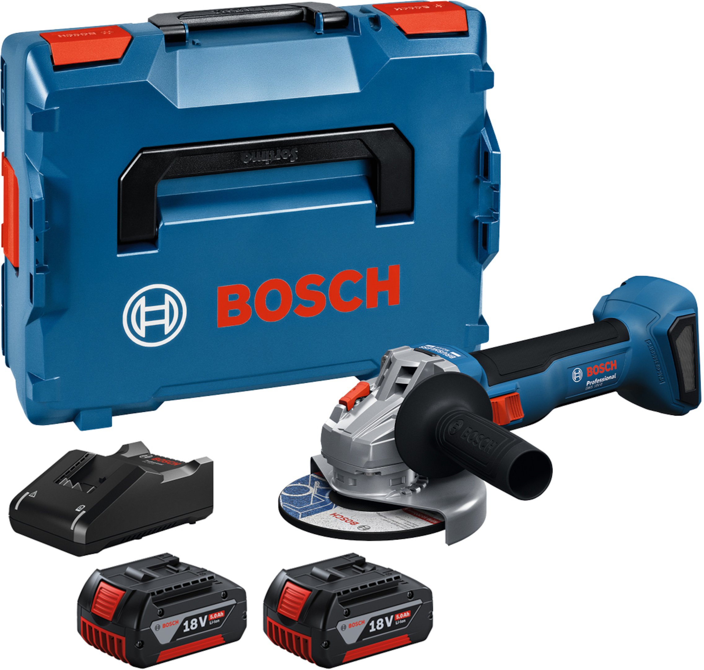 Bosch Blauw GWS 18V-8 Accu Haakse Slijper | Inclusief 2x GBA 18V 5,0 Ah & GAL 18V-40 Lader - 06019N9003