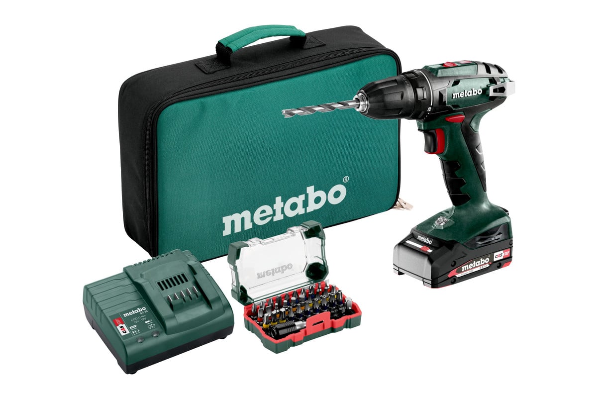 Metabo BS 18 Set | 18 Volt 2.0Ah accu-boorschroevendraaier 2X 2Ah Li-ion + BIT-BOX SP (32-DELIG) 602207580